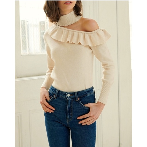 Shoulder Cut Out Ruffle Knit High Neck Beige Top - Picture 4 of 11